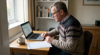A focused, older man with grey hair and glasses sits at a light brown wooden desk, looking at a silver laptop. He is wearing a dark blue and beige patterned sweater. On the desk to his left, there is a two-toned ceramic coffee mug, and to his right, a printed financial statement. A window with white frames and light-colored curtains is visible in the background, along with a white bookshelf filled with books.