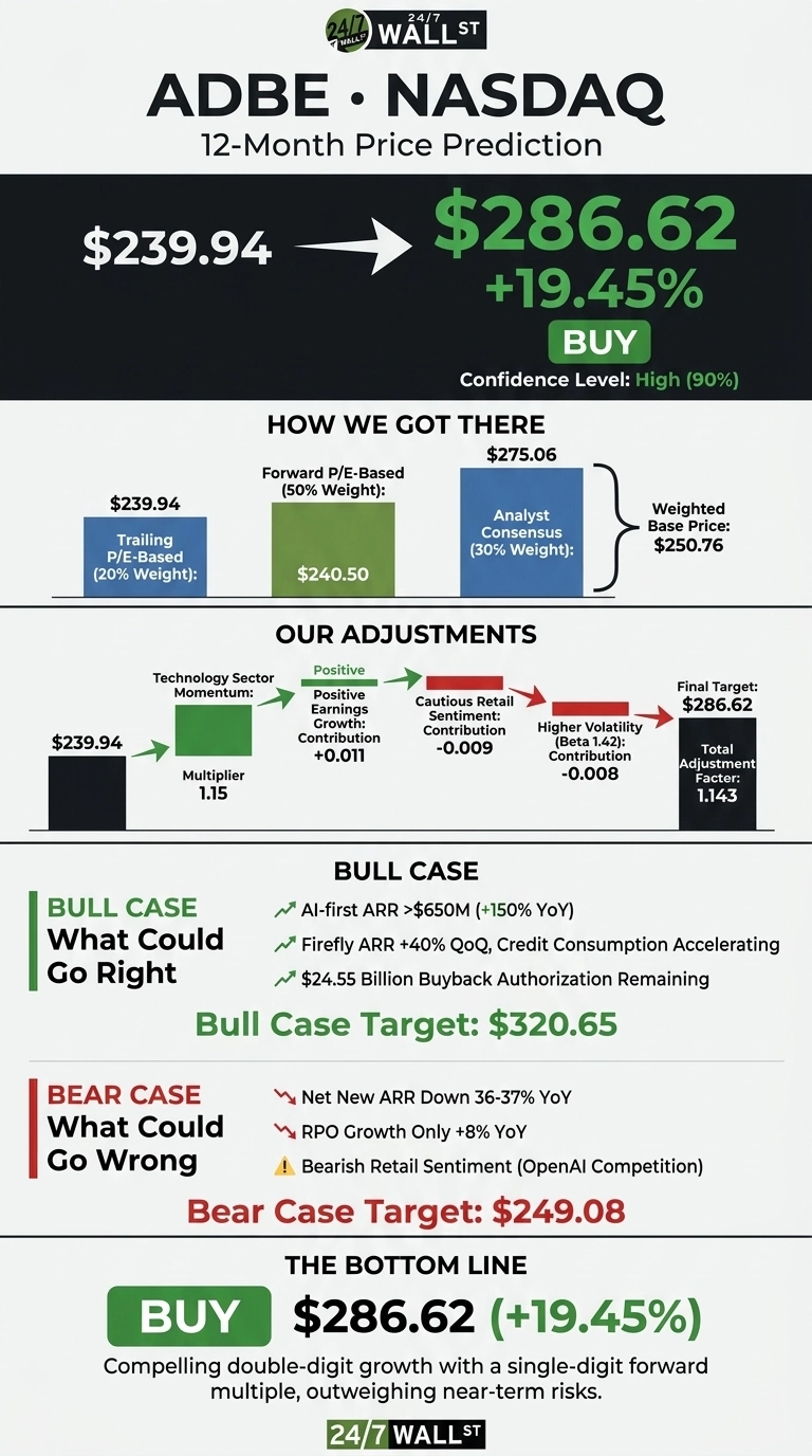 An infographic titled 'ADBE • NASDAQ 12-Month Price Prediction'. It shows the current price of $239.94 moving to a final target of $286.62, representing a +19.45% change, with a 'BUY' recommendation and high (90%) confidence level. A section 'HOW WE GOT THERE' illustrates the weighted base price calculation from Trailing P/E-Based (20% Weight) at $239.94, Forward P/E-Based (50% Weight) at $240.50, and Analyst Consensus (30% Weight) at $275.06, resulting in a Weighted Base Price of $250.76. The 'OUR ADJUSTMENTS' section details factors contributing to the final target: Technology Sector Momentum (Multiplier 1.15), Positive Earnings Growth (Contribution +0.011), Cautious Retail Sentiment (Contribution -0.009), Higher Volatility (Beta 1.42) Contribution (-0.008), leading to a Total Adjustment Factor of 1.143 and Final Target $286.62. The 'BULL CASE' section outlines 'What Could Go Right' with a target of $320.65, listing factors like 'AI-first ARR >$650M (+150% YoY)', 'Firefly ARR +40% QoQ, Credit Consumption Accelerating', and '$24.55 Billion Buyback Authorization Remaining'. The 'BEAR CASE' section outlines 'What Could Go Wrong' with a target of $249.08, listing factors like 'Net New ARR Down 36-37% YoY', 'RPO Growth Only +8% YoY', and 'Bearish Retail Sentiment (OpenAI Competition)'. The bottom line reiterates 'BUY $286.62 (+19.45%)' with a description about compelling double-digit growth. The graphic features a dark green, light green, and dark grey color scheme with white text.