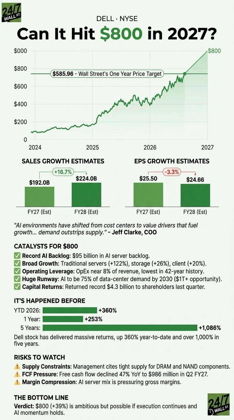 An infographic titled 'DELL • NYSE Can It Hit $800 in 2027?'. It features a line graph showing Dell's stock price trend from 2024, projecting growth towards $800 in 2027. A horizontal green line indicates Wall Street's One Year Price Target of $585.96. Below the graph are two bar charts: 'SALES GROWTH ESTIMATES' showing FY27 (Est) at $192.0B and FY28 (Est) at $224.0B with a +16.7% growth, and 'EPS GROWTH ESTIMATES' showing FY27 (Est) at $25.50 and FY28 (Est) at $24.66 with a -3.3% change. A quote from Jeff Clarke, COO, regarding AI demand outstripping supply is included. A section titled 'CATALYSTS FOR $800' lists five bullet points with green checkmarks, including a record AI server backlog of $95 billion. The 'IT'S HAPPENED BEFORE' section shows historical returns: YTD 2026 at +360%, 1 Year at +253%, and 5 Years at +1,086%. A 'RISKS TO WATCH' section lists three bullet points with yellow exclamation marks, such as 'Supply Constraints'. The infographic concludes with 'THE BOTTOM LINE' stating that $800 (+39%) is ambitious but possible if execution continues and AI momentum holds.