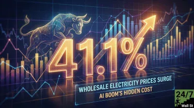 A dark blue and purple background displays glowing financial charts and graphs with prominent grid lines. A large, bright orange-gold '41.1%' dominates the center, accompanied by a powerful upward arrow. A stylized, glowing wireframe bull is positioned on the left, appearing to run over the financial data. Below the prominent numbers, two lines of text read 'WHOLESALE ELECTRICITY PRICES SURGE' and 'AI BOOM'S HIDDEN COST.' The '24/7 Wall St' logo is visible in the bottom right corner.