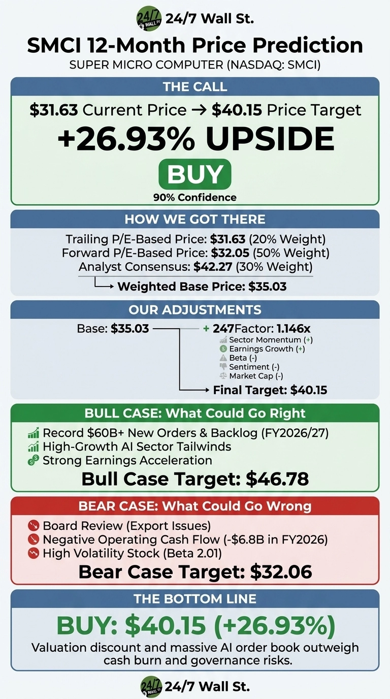 An infographic titled 'SMCI 12-Month Price Prediction' by 24/7 Wall St. It details a 'BUY' recommendation for Super Micro Computer (NASDAQ: SMCI) with a current price of $31.63 and a 12-month price target of $40.15, indicating a +26.93% upside, with 90% confidence. The infographic is divided into sections: 'THE CALL' displays the main recommendation. 'HOW WE GOT THERE' shows a weighted base price of $35.03 derived from trailing P/E-based price ($31.63, 20% weight), forward P/E-based price ($32.05, 50% weight), and analyst consensus ($42.27, 30% weight). 'OUR ADJUSTMENTS' shows the base of $35.03 adjusted by a 247Factor of 1.146x to a final target of $40.15, considering factors like sector momentum, earnings growth, beta, sentiment, and market cap. 'BULL CASE' details potential positives including record $60B+ new orders and backlog (FY2026/27), high-growth AI sector tailwinds, and strong earnings acceleration, leading to a target of $46.78. 'BEAR CASE' outlines risks like board review (export issues), negative operating cash flow (-$6.8B in FY2026), and high volatility (Beta 2.01), with a target of $32.06. 'THE BOTTOM LINE' reiterates the 'BUY' rating at $40.15 (+26.93%), citing valuation discount and massive AI order book outweighing cash burn and governance risks.