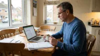 A middle-aged man wearing glasses and a blue sweater sits at a wooden kitchen table, looking at a laptop screen displaying a financial spreadsheet. He holds a coffee mug in his left hand, with printed financial documents and papers spread on the table in front of him. A large window behind him shows a residential street with houses, and kitchen counters are visible to his right.