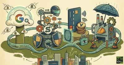 A conceptual illustration showing icons for Google Cloud, digital payments, and industrial manufacturing connected by data streams and cybersecurity symbols like shields and locks.