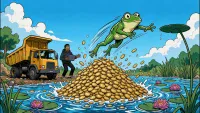 An energetic cartoon illustration shows a large green frog mid-leap over a huge pile of golden coins that are splashing in a blue body of water. A surprised man in a dark hoodie holds a tablet while standing near a yellow dump truck on the bank. The scene includes green trees, grass, lily pads with pink water lilies, and a clear blue sky with white clouds.