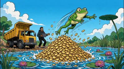 An energetic cartoon illustration shows a large green frog mid-leap over a huge pile of golden coins that are splashing in a blue body of water. A surprised man in a dark hoodie holds a tablet while standing near a yellow dump truck on the bank. The scene includes green trees, grass, lily pads with pink water lilies, and a clear blue sky with white clouds.