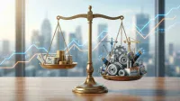 A brass balance scale stands on a polished wooden desk. The left pan holds stacks of gold and silver coins and US dollar bills, one labeled "DIVIDEND." The right pan is filled with miniature gray industrial components, including gears, cranes, factory buildings, and bundles of fiber optic cables. The scales appear perfectly balanced. In the blurred background, a modern city skyline is visible, overlaid with glowing blue and orange upward-trending financial lines.