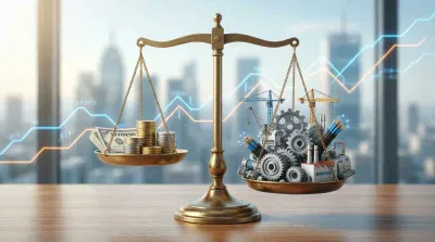 A brass balance scale stands on a polished wooden desk. The left pan holds stacks of gold and silver coins and US dollar bills, one labeled "DIVIDEND." The right pan is filled with miniature gray industrial components, including gears, cranes, factory buildings, and bundles of fiber optic cables. The scales appear perfectly balanced. In the blurred background, a modern city skyline is visible, overlaid with glowing blue and orange upward-trending financial lines.