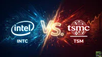 An image showing the Intel logo and 'INTC' on a blue, circuit-patterned background on the left, facing the TSMC logo and 'TSM' on a red, circuit-patterned background on the right. A large, glowing 'VS.' with electrical sparks and lightning bolts separates the two sides, symbolizing intense competition.