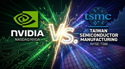 A graphic illustration shows NVIDIA's logo and 'NVIDIA NASDAQ:NVDA' on a green, circuit board patterned background on the left. It faces off against TSMC's logo and 'TAIWAN SEMICONDUCTOR MANUFACTURING NYSE:TSM' on a blue, semiconductor wafer patterned background on the right. A luminous 'Vs.' symbol with lightning bolts in gold and white is dramatically centered between them, emphasizing a competitive dynamic. Stock market charts are subtly visible in the backgrounds on both sides.