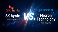 A graphic with 'SK hynix' and its logo on the left, and 'Micron Technology' and its logo on the right, separated by a large white 'VS.' in the center. Electrical sparks emanate from behind the 'VS.' symbol. Below each company name are their NASDAQ ticker symbols: 'NASDAQ:SKHY' and 'NASDAQ:MU'. The background is dark blue with subtle financial market charts visible.