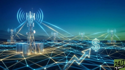 A digital rendering shows several illuminated cell towers across a landscape, emitting blue network waves and connected by glowing blue and yellow data lines forming a grid over undulating terrain. At the base of some towers are glowing server racks. In the foreground, a large, translucent dollar sign and a jagged arrow pointing upwards are also illuminated with blue and yellow light. The sky transitions from dark blue to lighter teal.