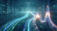 A futuristic digital landscape with glowing, colorful light trails on a circuit board surface, leading towards a bright vanishing point. Some trails on the right form undulating waveforms with data points. The background is a blurred data center or server room in cool blue tones.