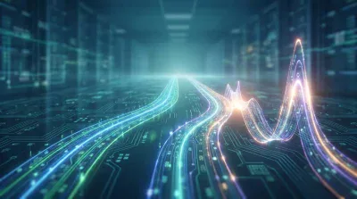 A futuristic digital landscape with glowing, colorful light trails on a circuit board surface, leading towards a bright vanishing point. Some trails on the right form undulating waveforms with data points. The background is a blurred data center or server room in cool blue tones.