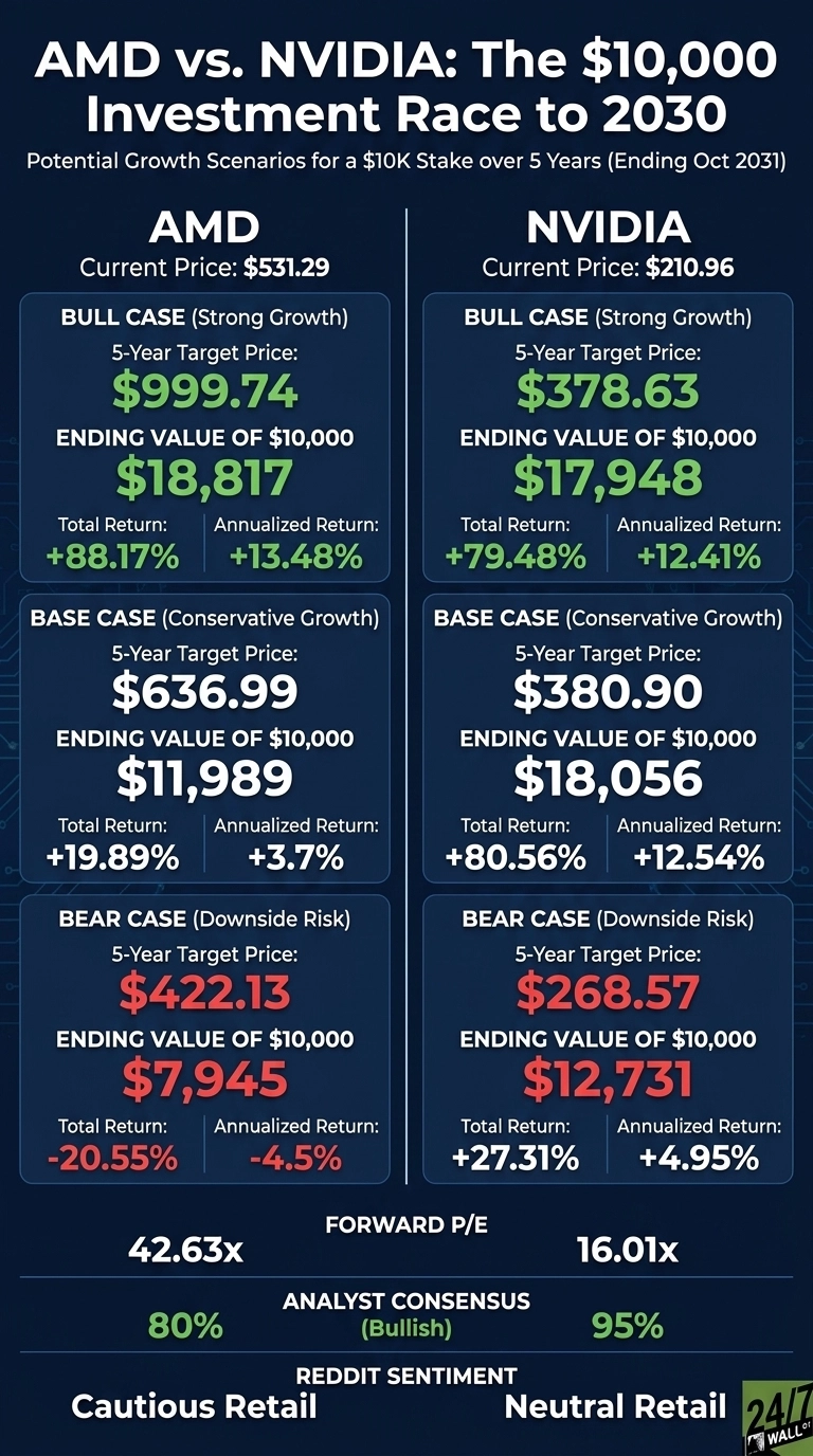 An infographic titled 'AMD vs. NVIDIA: The $10,000 Investment Race to 2030' on a dark blue background with a subtle circuit board pattern. It presents potential growth scenarios for a $10,000 investment over 5 years, ending October 2031. The infographic is divided into two main columns, one for AMD and one for NVIDIA. For AMD, the Current Price is $531.29. Bull Case (Strong Growth) shows a 5-Year Target Price of $999.74, Ending Value of $10,000 at $18,817, Total Return +88.17%, and Annualized Return +13.48%. Base Case (Conservative Growth) for AMD shows a 5-Year Target Price of $636.99, Ending Value of $10,000 at $11,989, Total Return +19.89%, and Annualized Return +3.7%. Bear Case (Downside Risk) for AMD shows a 5-Year Target Price of $422.13, Ending Value of $10,000 at $7,945, Total Return -20.55%, and Annualized Return -4.5%. For NVIDIA, the Current Price is $210.96. Bull Case (Strong Growth) shows a 5-Year Target Price of $378.63, Ending Value of $10,000 at $17,948, Total Return +79.48%, and Annualized Return +12.41%. Base Case (Conservative Growth) for NVIDIA shows a 5-Year Target Price of $380.90, Ending Value of $10,000 at $18,056, Total Return +80.56%, and Annualized Return +12.54%. Bear Case (Downside Risk) for NVIDIA shows a 5-Year Target Price of $268.57, Ending Value of $10,000 at $12,731, Total Return +27.31%, and Annualized Return +4.95%. Below the scenarios, common metrics are listed: Forward P/E shows AMD at 42.63x and NVIDIA at 16.01x. Analyst Consensus (Bullish) shows AMD at 80% and NVIDIA at 95%. Reddit Sentiment shows AMD as Cautious Retail and NVIDIA as Neutral Retail. Green text indicates positive returns or values, while red text indicates negative returns or values.