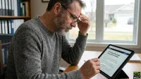 A man with a salt-and-pepper beard and glasses, wearing a textured grey sweater, sits at a wooden desk. He holds a white stylus and intently reads an article on a tablet, which is propped up. The article headline is visible: 'SEC Proposes New Crypto Custody Rule for Advisers'. His left hand rests on his forehead in a thoughtful or concerned gesture. A blurred window showing a suburban house and a bookshelf with binders are in the background.