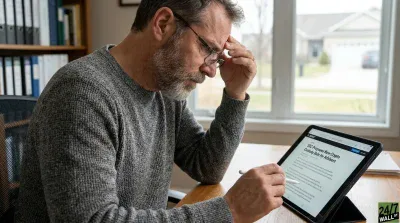 A man with a salt-and-pepper beard and glasses, wearing a textured grey sweater, sits at a wooden desk. He holds a white stylus and intently reads an article on a tablet, which is propped up. The article headline is visible: 'SEC Proposes New Crypto Custody Rule for Advisers'. His left hand rests on his forehead in a thoughtful or concerned gesture. A blurred window showing a suburban house and a bookshelf with binders are in the background.
