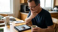 A man in a dark blue t-shirt and glasses sits at a wooden kitchen table, looking at a tablet. He rests his chin on his hand and holds a coffee cup. Various items, including spice jars, bread, and a notebook, are on the table. A window and kitchen appliances are visible in the background.