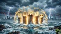 An illustrative image showing five stone towers rising from a turbulent, stormy sea, each topped with a glowing icon representing a consumer staple product: a shopping cart, a bottle, soap, a roll of toilet paper/diaper, and a pet food bowl. Golden coins orbit around the towers. In the background, a dark, stormy sky with lightning strikes illuminates a distant city skyline. Red downward arrows are superimposed over a stock market chart on both sides of the sky, indicating a market decline. The overall mood is one of financial instability with points of resilience.