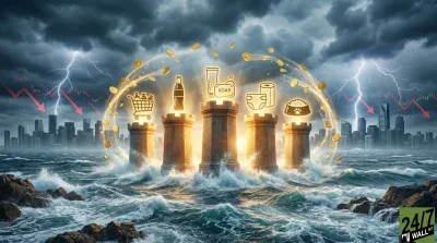An illustrative image showing five stone towers rising from a turbulent, stormy sea, each topped with a glowing icon representing a consumer staple product: a shopping cart, a bottle, soap, a roll of toilet paper/diaper, and a pet food bowl. Golden coins orbit around the towers. In the background, a dark, stormy sky with lightning strikes illuminates a distant city skyline. Red downward arrows are superimposed over a stock market chart on both sides of the sky, indicating a market decline. The overall mood is one of financial instability with points of resilience.