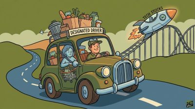 A cartoon showing a car labeled 'DESIGNATED DRIVER' filled with household goods driving a steady path while a 'TECH STOCKS' rocket with an AI logo blasts off into the distance.