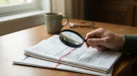 A person's hand holds a black magnifying glass over a stack of white papers, possibly financial documents or a calendar, tied with a red string on a wooden table. A green ceramic mug and a pair of eyeglasses are blurred in the background, near a window.