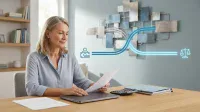A woman with blonde and grey hair, wearing a light blue button-up shirt, sits at a wooden desk, holding papers. A silver laptop, calculator, and folders are also on the desk. In the background, a light grey wall features a large, metallic, abstract wall sculpture. An overlaid neon blue graphic shows a curved line connecting a wallet and credit card icon on the left to a scales of justice icon on the right, all glowing brightly against the wall.