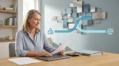A woman with blonde and grey hair, wearing a light blue button-up shirt, sits at a wooden desk, holding papers. A silver laptop, calculator, and folders are also on the desk. In the background, a light grey wall features a large, metallic, abstract wall sculpture. An overlaid neon blue graphic shows a curved line connecting a wallet and credit card icon on the left to a scales of justice icon on the right, all glowing brightly against the wall.