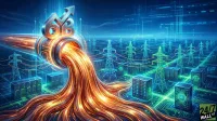 A futuristic digital artwork depicts a large metallic conduit with a '6B' symbol and an upward arrow, spewing vibrant orange streams of energy or data. These streams flow across a dark blue landscape towards an array of server racks and electrical power transmission towers, all outlined and connected by glowing blue and green circuit board patterns. The background shows hazy, stylized digital elements.