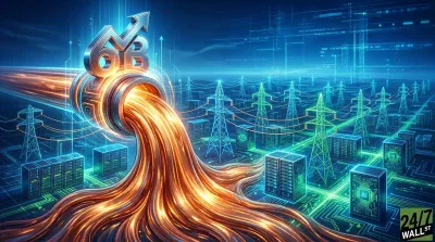 A futuristic digital artwork depicts a large metallic conduit with a '6B' symbol and an upward arrow, spewing vibrant orange streams of energy or data. These streams flow across a dark blue landscape towards an array of server racks and electrical power transmission towers, all outlined and connected by glowing blue and green circuit board patterns. The background shows hazy, stylized digital elements.