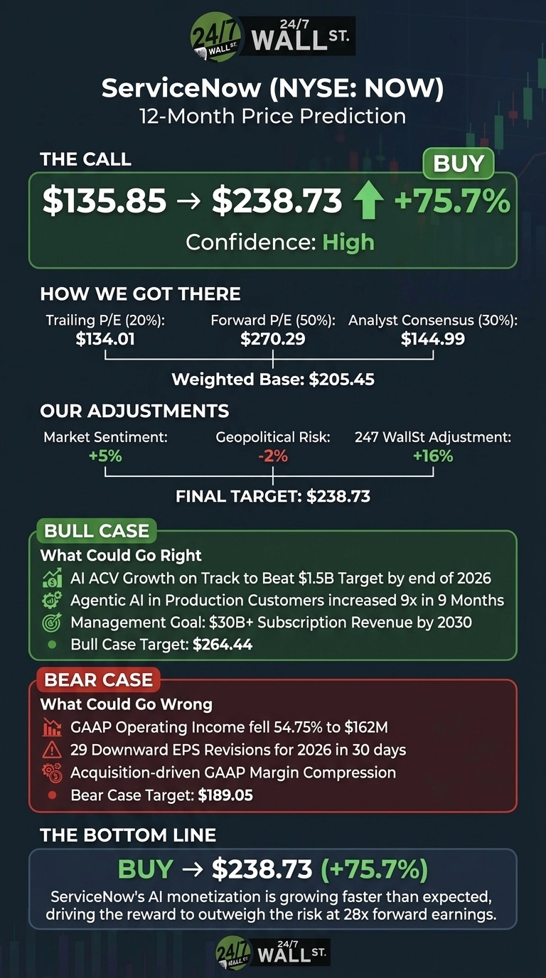 An infographic from 24/7 Wall St. titled 'ServiceNow (NYSE: NOW) 12-Month Price Prediction'. The main section, 'THE CALL', shows a price prediction of '$135.85 -> $238.73' with a large green up arrow and '+75.7%', labeled 'BUY' with 'Confidence: High'. Below, 'HOW WE GOT THERE' lists 'Trailing P/E (20%): $134.01', 'Forward P/E (50%): $270.29', 'Analyst Consensus (30%): $144.99', leading to 'Weighted Base: $205.45'. 'OUR ADJUSTMENTS' shows 'Market Sentiment: +5%', 'Geopolitical Risk: -2%', '247 WallSt Adjustment: +16%', resulting in 'FINAL TARGET: $238.73'. A green 'BULL CASE' section details reasons like 'AI ACV Growth on Track to Beat $1.5B Target by end of 2026', 'Agentic AI in Production Customers increased 9x in 9 Months', 'Management Goal: $30B+ Subscription Revenue by 2030', with a 'Bull Case Target: $264.44'. A red 'BEAR CASE' section lists reasons such as 'GAAP Operating Income fell 54.75% to $162M', '29 Downward EPS Revisions for 2026 in 30 days', 'Acquisition-driven GAAP Margin Compression', with a 'Bear Case Target: $189.05'. 'THE BOTTOM LINE' reiterates 'BUY -> $238.73 (+75.7%)' and states 'ServiceNow's AI monetization is growing faster than expected, driving the reward to outweigh the risk at 28x forward earnings'. The background is dark green with subtle stock chart patterns.