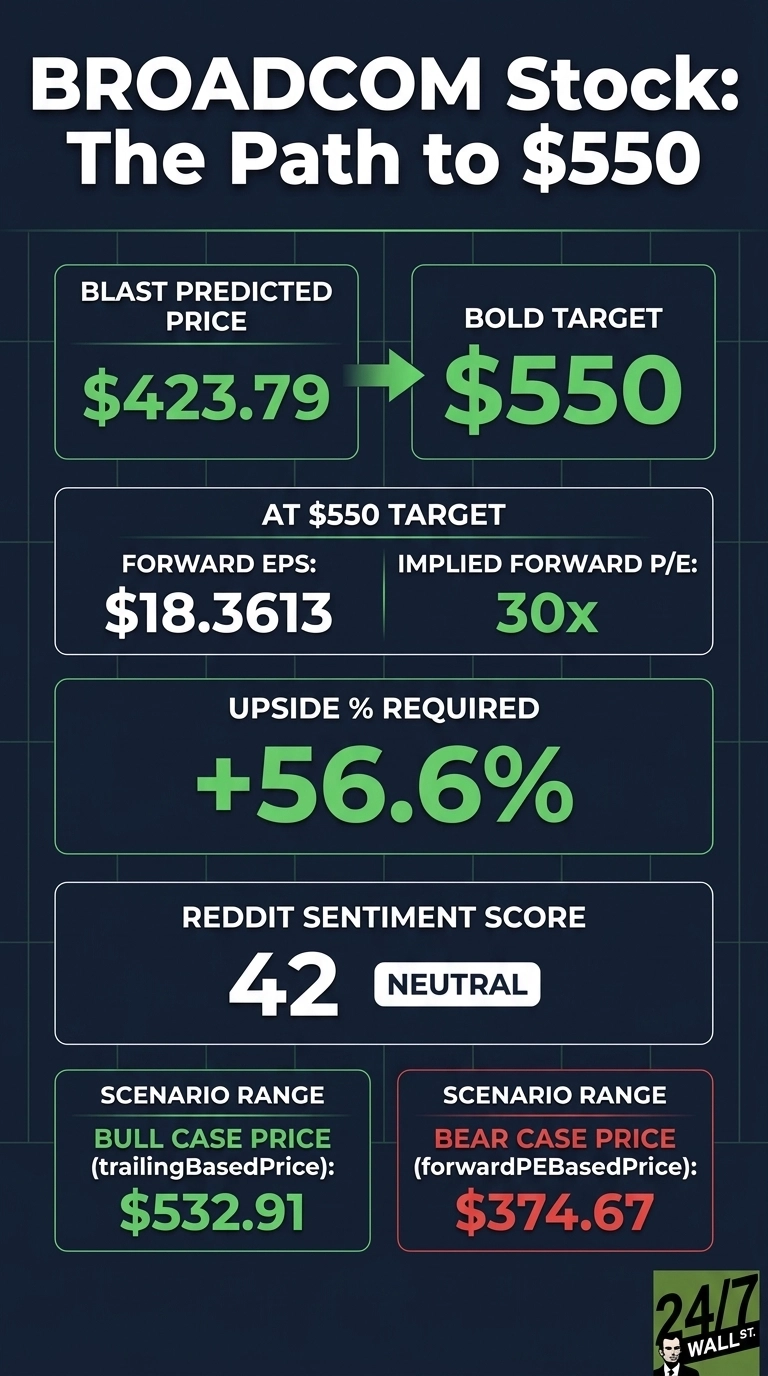 An infographic titled 'BROADCOM Stock: The Path to $550' on a dark blue grid background. It visually represents a BLAST predicted price of $423.79 with a green arrow pointing to a BOLD TARGET of $550. Under 'AT $550 TARGET', it shows 'Forward EPS: $18.3613' and 'Implied Forward P/E: 30x'. Below these, 'UPSIDE % REQUIRED' is displayed as +56.6%. A section for 'REDDIT SENTIMENT SCORE' shows '42' with the label 'NEUTRAL'. At the bottom, two 'SCENARIO RANGE' boxes are presented: a green box for 'BULL CASE PRICE (trailingBasedPrice): $532.91' and a red box for 'BEAR CASE PRICE (forwardPEBasedPrice): $374.67'. The '24/7 WALL ST.' logo is in the bottom right corner.