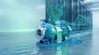 A blue industrial pump sits on a wet, light gray concrete floor, with puddles of water around its base. Green and blue glowing circuit board lines and digital data streams are superimposed over the pump and extend into the background, where rows of dark gray server racks fill a large data center room. The room is dimly lit with a blue-green technological glow, emphasizing the digital elements interacting with the physical pump.
