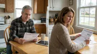 A split image shows two middle-aged individuals reviewing financial statements at wooden tables in their respective homes. On the left, a man in a plaid shirt smiles slightly while looking at a document titled 'Roth IRA Statement' with '$600,000' visible. On the right, a woman in a light brown sweater looks intently at a document titled 'Traditional 401(k) Statement' with '$800,000' visible.