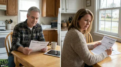 A split image shows two middle-aged individuals reviewing financial statements at wooden tables in their respective homes. On the left, a man in a plaid shirt smiles slightly while looking at a document titled 'Roth IRA Statement' with '$600,000' visible. On the right, a woman in a light brown sweater looks intently at a document titled 'Traditional 401(k) Statement' with '$800,000' visible.