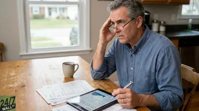 A middle-aged man with gray hair and glasses sits at a rustic wooden table, looking intently at a tablet displaying financial news and charts. His left hand is raised to his temple, and he holds a pen in his right hand. A stack of papers, a coffee mug, and a window with a blurred view of houses are visible in the background.