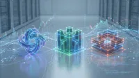 Three glowing, abstract 3D digital objects on a reflective surface with circuit board patterns. From left to right: a blue intertwined ring structure, a green cube-like structure with upward arrows, and an orange and blue layered square structure. In the blurred background are server racks and data graphs with lines and bar charts, all bathed in cool blue and green light.