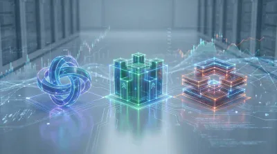 Three glowing, abstract 3D digital objects on a reflective surface with circuit board patterns. From left to right: a blue intertwined ring structure, a green cube-like structure with upward arrows, and an orange and blue layered square structure. In the blurred background are server racks and data graphs with lines and bar charts, all bathed in cool blue and green light.