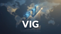 A modern financial graphic centered on the white letters 'VIG'. Behind it, a stylized bar chart shows an upward trend, with blue and yellow illuminated bars and a glowing ascending line graph terminating in an upward arrow. The background is a blurred, dark blue world map with subtle golden highlights.