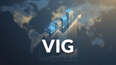 A modern financial graphic centered on the white letters 'VIG'. Behind it, a stylized bar chart shows an upward trend, with blue and yellow illuminated bars and a glowing ascending line graph terminating in an upward arrow. The background is a blurred, dark blue world map with subtle golden highlights.