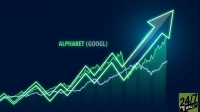 A graphic illustrating a stock chart with bright neon green lines showing an upward trend, against a dark blue background. A large, prominent neon green arrow points diagonally upwards from the lower left to the upper right. The text 'ALPHABET (GOOGL)' is displayed in green in the upper left-middle, and a '24/7 WALL ST' logo is in the bottom right corner.