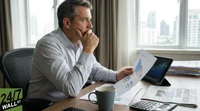 A man in a light blue shirt sits at a wooden desk, holding a printed graph showing a downward trend and percentage figures. To his right, a tablet displays financial charts. A gray coffee mug, a calculator, and a newspaper with the headline 'PROFIT BOOM SLOWING' are also on the desk. He looks intently towards the right, with one hand on his chin, against a backdrop of a city skyline seen through a window.