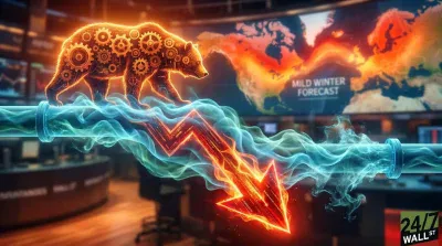 A glowing, amber-colored mechanical bear with visible gears walks on top of a stylized metal pipe. Blue and green swirling vapor emanates from the pipe, flowing forward and morphing into a bright red, fiery downward-pointing arrow. In the background, a large digital screen displays a world map predominantly in red and orange colors, with the text 'MILD WINTER FORECAST' prominently displayed. The overall scene is dark and dramatic, with a '24/7 WALL ST' logo visible in the bottom right corner.