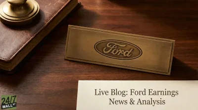 A bronze-colored nameplate with the Ford logo is prominently displayed on a dark wooden desk. To the left, a portion of a brown leather-bound book and a brass paperweight are visible. In the bottom right, a piece of cream-colored paper shows the title 'Live Blog: Ford Earnings News & Analysis'. The image has a professional and traditional feel, with warm lighting.