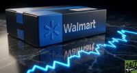 The contrast between the tangible Walmart branding and the high-tech glowing financial chart immediately communicates a story of corporate evolution and digital success, capturing the user's attention through high-contrast blue and yellow tones.