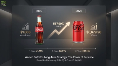 A financial infographic on a dark background displays the growth of a Coca-Cola stock investment from 1999 to 2026. On the left, a classic Coca-Cola glass bottle represents a $1,000 investment in 1999. An upward-trending, glowing arrow shows a 567.99% gain, leading to a red Coca-Cola Zero Sugar can on the right, representing a value of $6,679.90 in 2026. Below the timeline, specific returns are listed: 1-Year: 41.76%, 5-Year: 98.31%, 10-Year: 203.19%. The bottom text reads 'Warren Buffett's Long-Term Strategy: The Power of Patience Berkshire Hathaway (BRK-B) & Coca-Cola (KO)'.