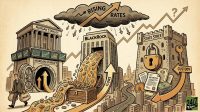 An infographic-style illustration shows Morgan Stanley, BlackRock, and State Street buildings under a dark storm cloud of rising interest rates.