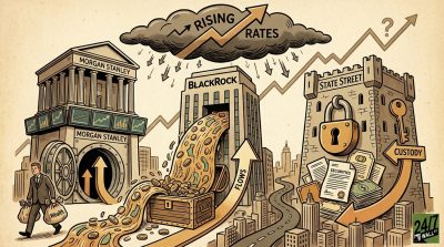 An infographic-style illustration shows Morgan Stanley, BlackRock, and State Street buildings under a dark storm cloud of rising interest rates.