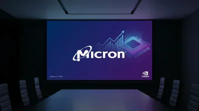 A dimly lit conference room with a large projection screen centered on the back wall. The screen displays a vibrant purple and blue gradient background. In white, the 'Micron' logo is central, accompanied by an upward-trending bar graph and a stylized microchip graphic to its right. The date 'October 27, 2026' is in the bottom left, and the NVIDIA logo is in the bottom right. Dark conference chairs and a table fill the foreground.