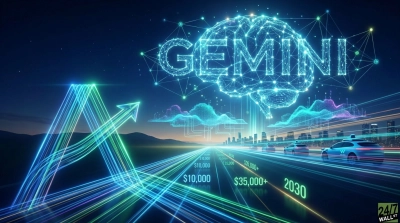 A nighttime digital scene shows bright blue and green glowing lines forming upward arrows on a futuristic highway, with financial figures '$10,000' and '$35,000+' marked on the road, alongside '2030.' Above, a large, glowing blue brain made of network nodes spells out 'GEMINI,' overlooking a distant city skyline with modern buildings and autonomous cars.