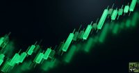 The dramatic upward trajectory of the green 3D candlestick charts acts as a psychological trigger for 'fear of missing out' (FOMO), driving high click-through rates on financial news feeds.